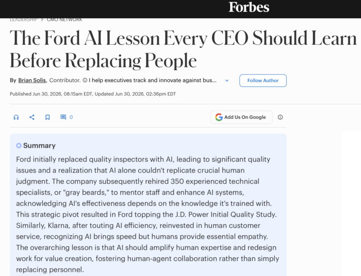 Forbes: Ford Offers a Powerful Lesson and Story About Replacing People with AI and Learning from It